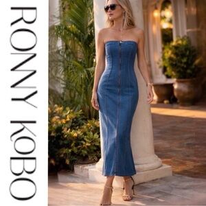 NWT $528 Ronny Kobo Strapless Denim Midi Leopol Dress Designer Statement